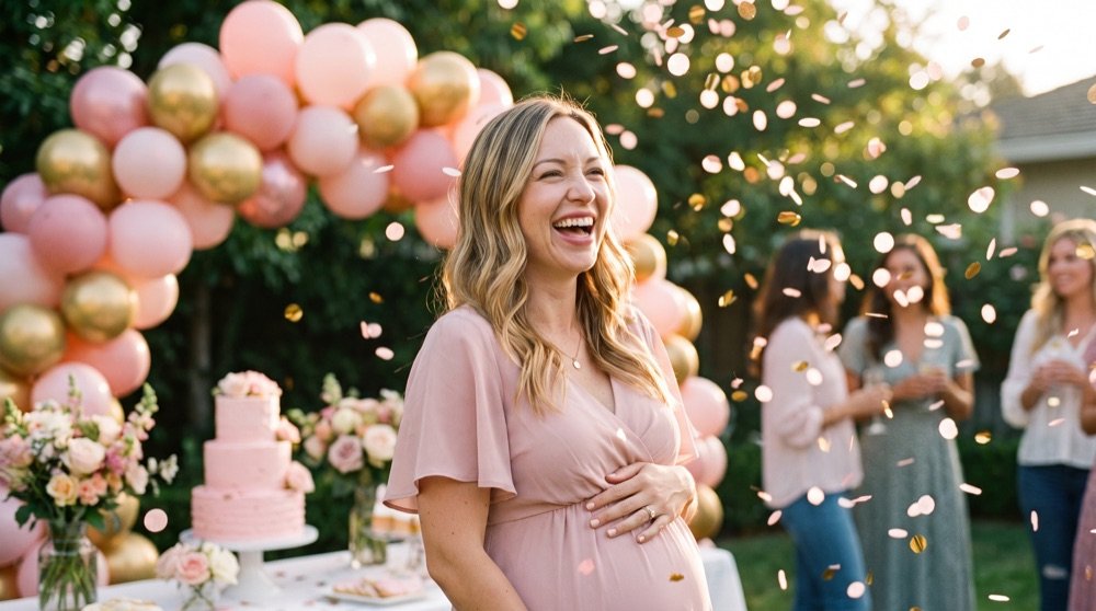 Emily laughing under pink and gold confetti