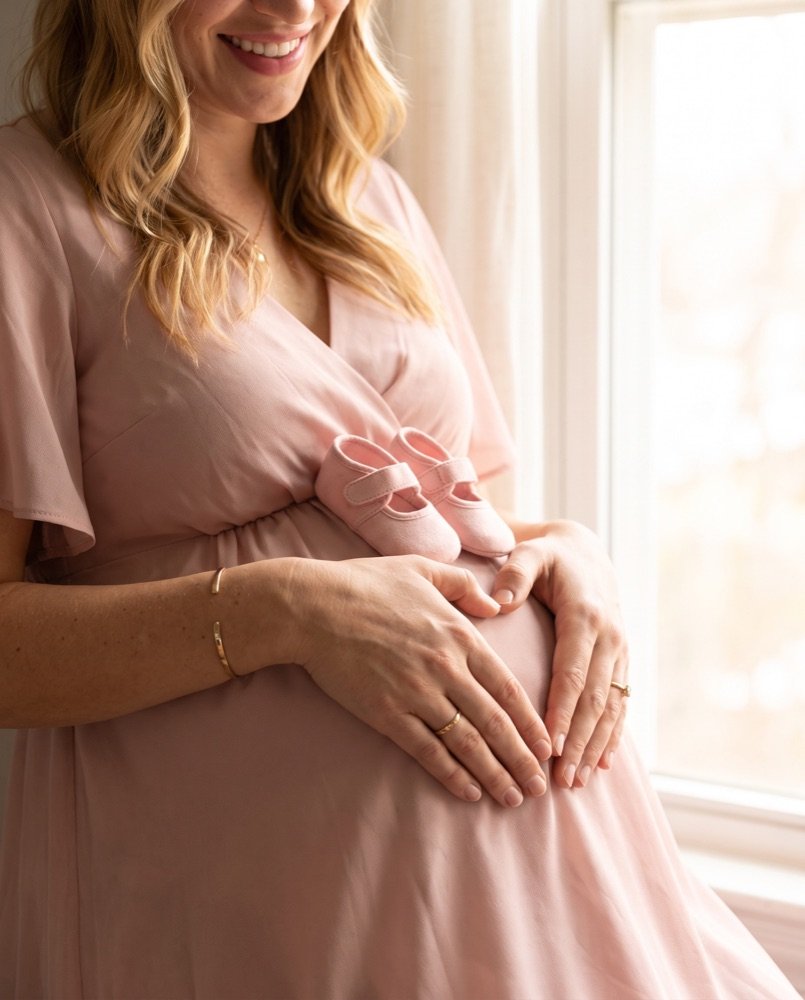 Emily's hands making a heart over her bump