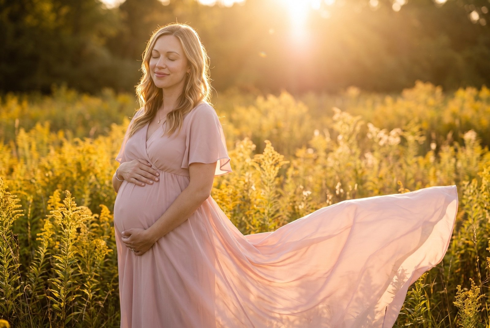 Emily in a flowing blush gown in a golden wildflower meadow at sunset, cradling her bump