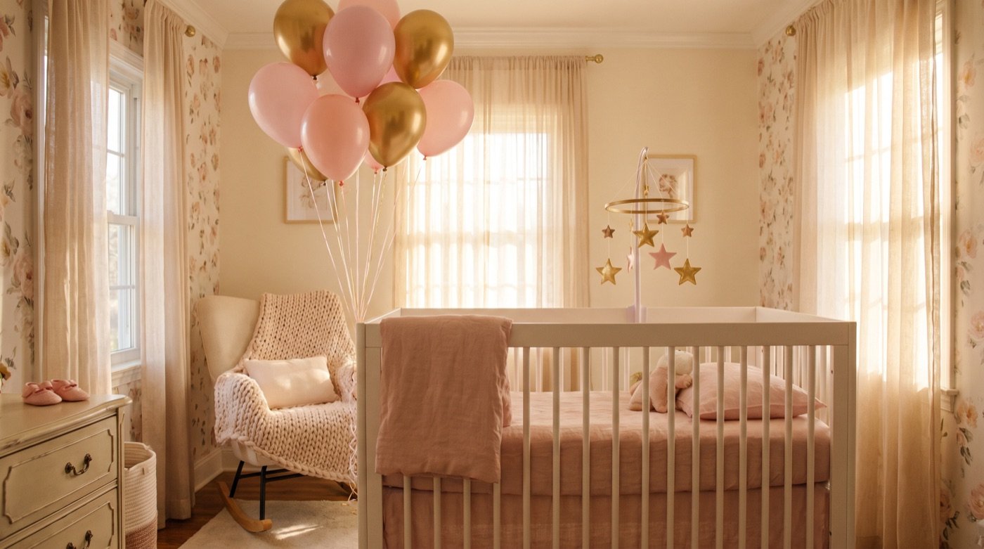 A sunlit baby girl nursery with a white crib, star mobile and pink and gold balloons